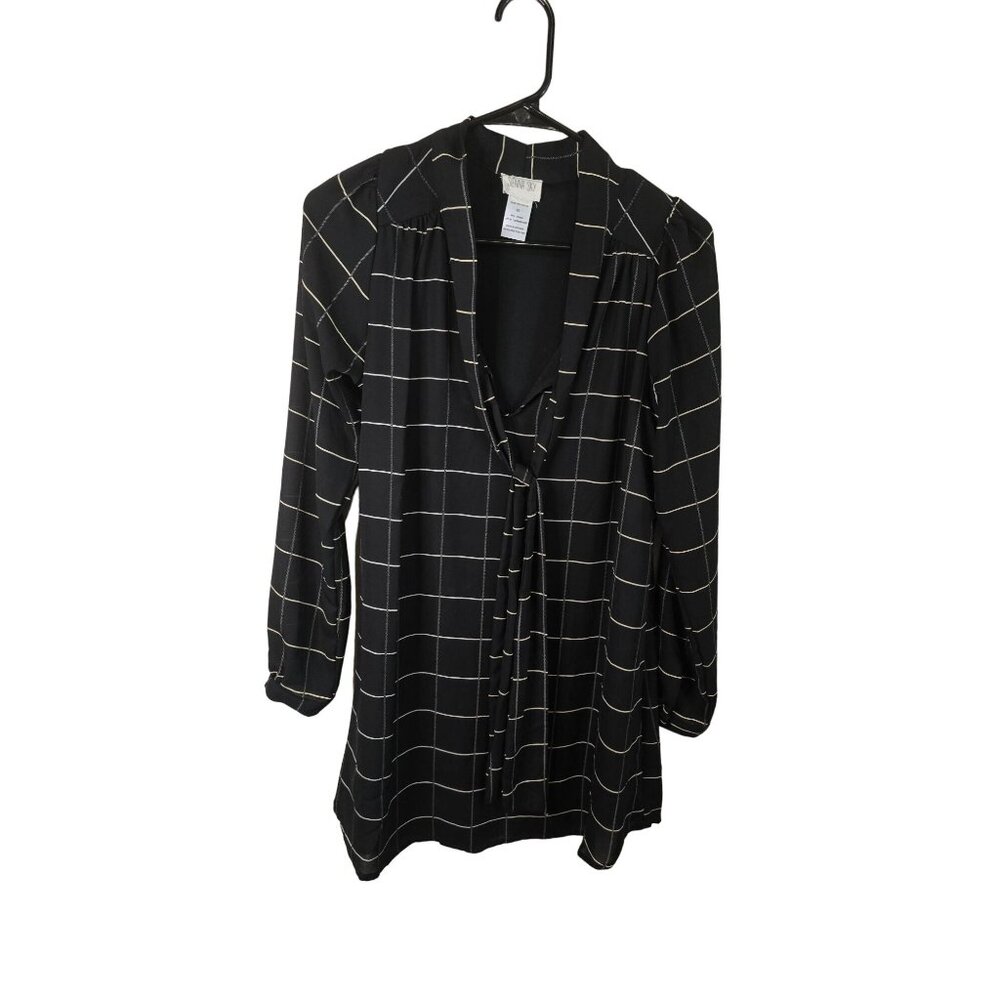 Sienna Sky Women's Black & White‎ Plaid Long Sleeve V-Neck Blouse XS